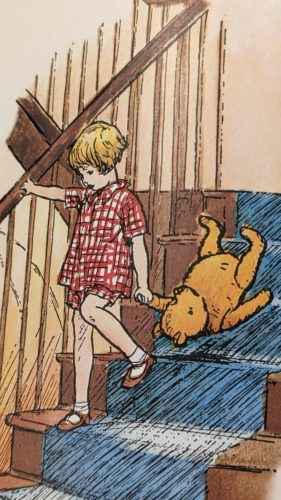 Drawing of HCristopher Robin pulling Pooh downstairs