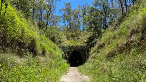 Tunnel entrance surrounded by green bush and blue sky